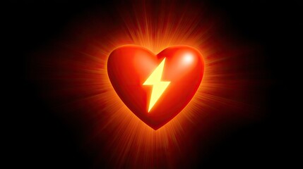 Red heart with lightning bolt, radiating light