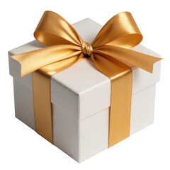 Obraz premium A white gift box with a gold ribbon and bow isolated on transparent background, perfect for any special occasion and celebration