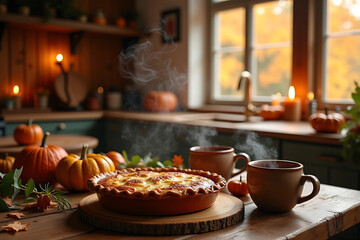 Cozy autumn kitchen with freshly baked pie and steaming mugs on rustic table - warm fall comfort scene with pumpkins and fall foliage view