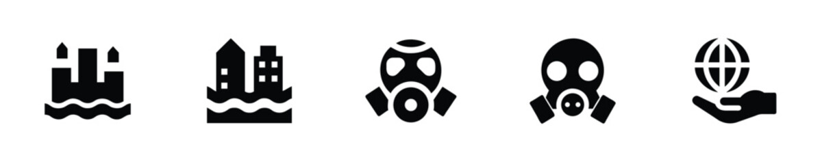 Icons flooded city gas masks hand holding globe building water