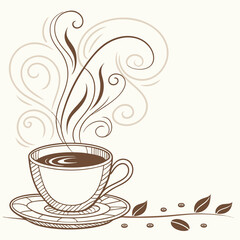Hand drawn sketch of a steaming cup of coffee with decorative swirls and coffee beans