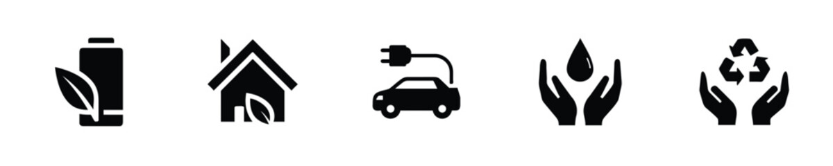 Icons representing sustainability energy conservation recycling battery leaf