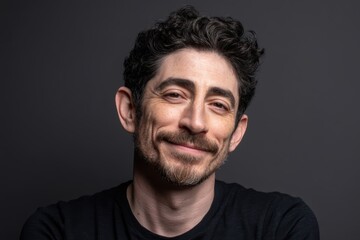 Obraz premium A man with curly hair and a beard smiles gently, wearing a black t-shirt against a plain dark background