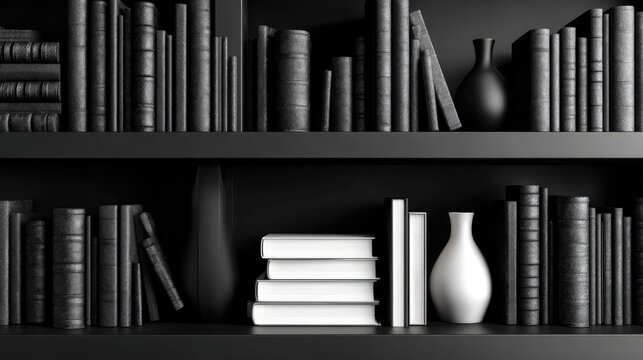 Black bookshelf with books and vases