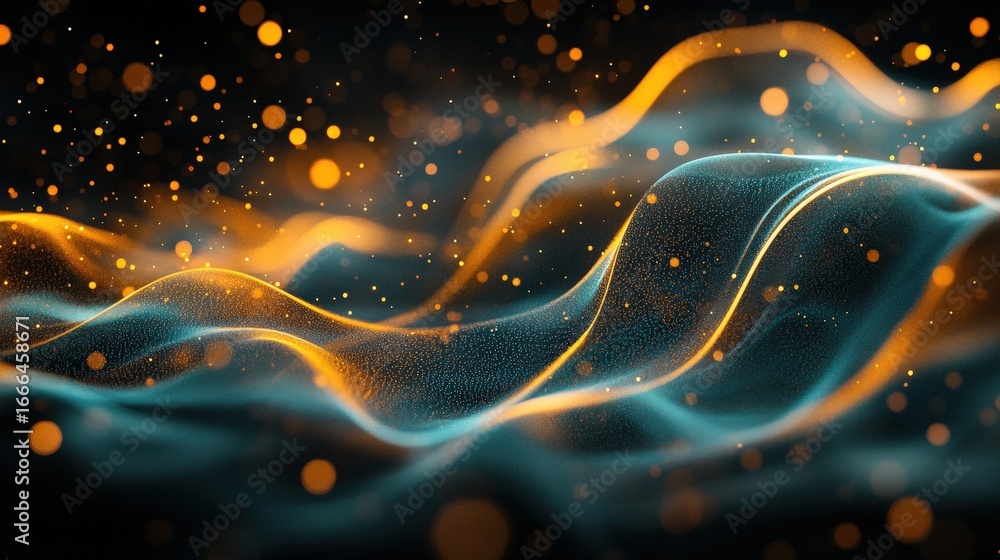 Poster abstract digital waves with glowing neon particles and bokeh lights, forming flowing mesh lines and 