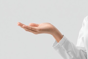 Open hand, offering gesture, white lab coat
