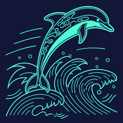 Stylized turquoise dolphin leaping through stylized waves on a dark blue background