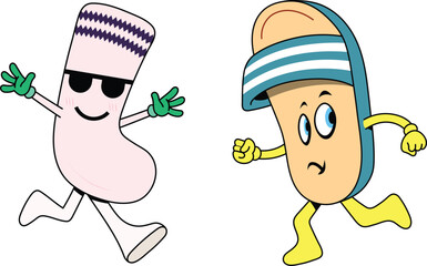Funny Sock and Slider Cartoon Vector. Playful Footwear Characters Running, Cute Emoji Style Mascots Happy Expression, Sporty Kids, Comic Shoe Foot, Cool, Whimsical, Children. Clip Art, Creative, Game