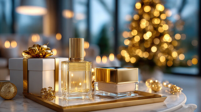 Christmas still life showing an elegant perfume bottle placed near christmas tree branches with christmas ball ornaments, a gift and a warm bokeh effect - Powered by Adobe