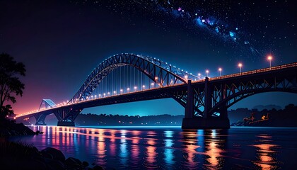 Obraz premium Illuminated Bridge Over River at Night.