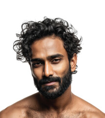 Portrait of confident man with curly hair natural isolated on transparent background