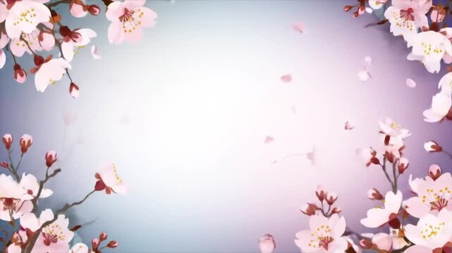 Ethereal cherry blossom branches with delicate pink flowers and falling petals creating a romantic floral frame on a soft purple background
