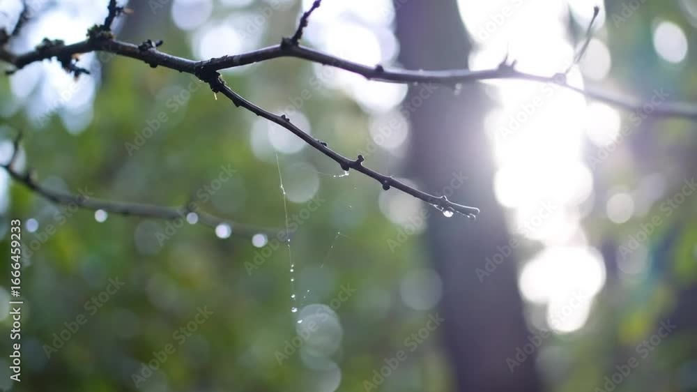 Poster sunlit branch with water droplets and spiderweb in a serene forest setting featuring bokeh green bac