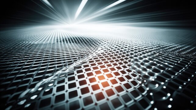 Abstract metallic grid with glowing light rays