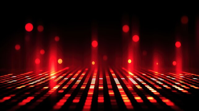 Glowing red digital equalizer bars and light effects on a dark background, creating a futuristic and vibrant atmosphere