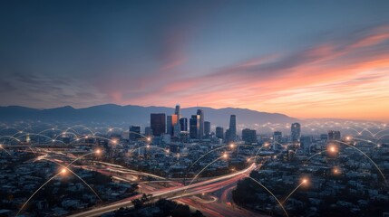 A modern city skyline at sunset with illuminated network connections symbolizing smart technology and digital connectivity