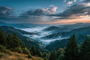 Misty mountain range at sunrise