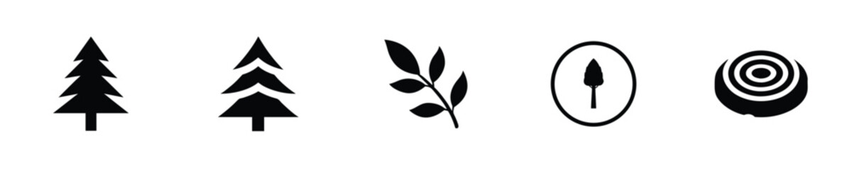 Silhouette icons trees leaves compass wood slice forest nature