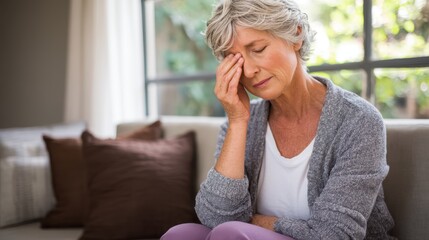 An older woman sits on a couch, touching her forehead and appearing stressed or fatigued in a softly lit living room