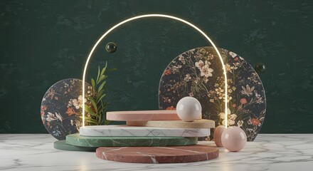 A marble platform with floral backdrop and glowing arch for product display and presentation setup