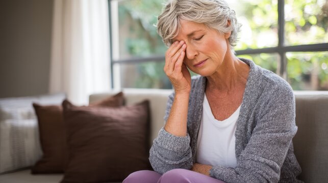 An older woman sits on a couch, touching her forehead and appearing stressed or fatigued in a softly lit living room