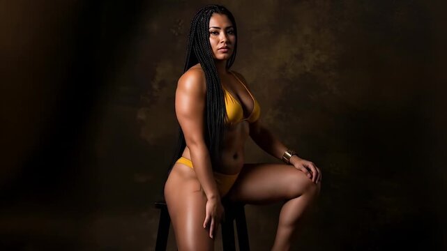 Confident beautiful curvy Latina woman in golden bikini posing seductively in professional studio lighting with dramatic shadows and warm tones. Body positive concept