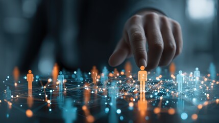 A hand interacts with glowing digital human icons in a network, symbolizing technology, connection, and data-driven people management