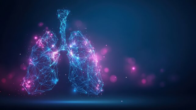Digital illustration of human lungs made from glowing neon lines and dots on a dark background