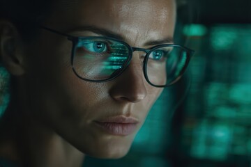 Focused woman wearing glasses looks intently at digital screens with data reflections, suggesting technology, concentration, and cybersecurity