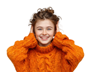 Joyful girl in orange sweater portrait smiling isolated on transparent background