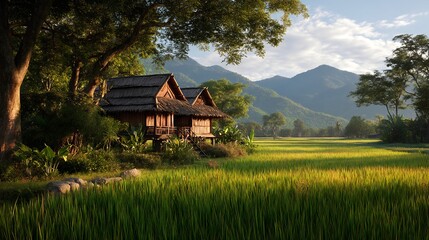 Traditional thai village house nestled in lush rice fields under a bright blue sky