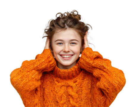 Joyful girl in orange sweater portrait smiling isolated on transparent background