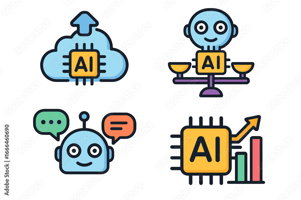 Aufkleber set of artificial intelligence concept icons. ai cloud computing, data science ethics, chatbot assis