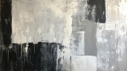 An abstract artwork featuring a blend of black, white, and gray tones, characterized by texture and bold brush strokes.
