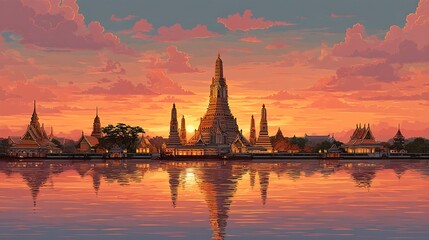 Obraz premium Wat arun temple beautifully set against sunset sky creating a stunning urban landscape and view