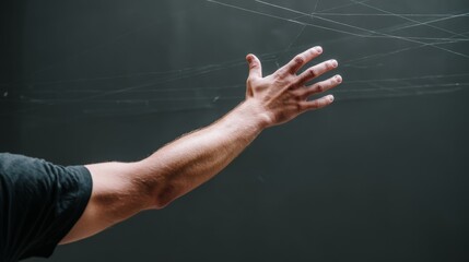 Overhead shot of a young adult man's hand reaching towards glowing digital lines and nodes on a dark background, symbolizing connectivity and technology with space for text