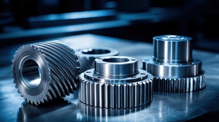 Shiny metal gears of different sizes are arranged on a reflective surface in an industrial setting with cool lighting