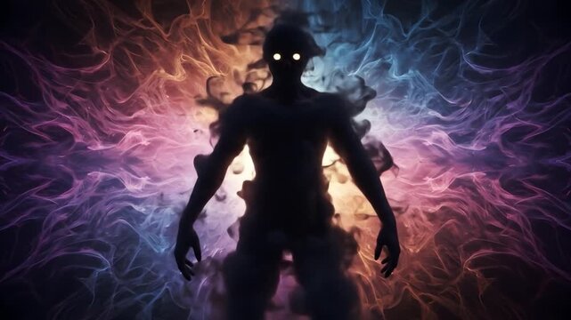 Futuristic glowing humanoid with electric energy aura in dark background digital fantasy animation