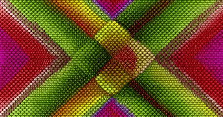 Abstract, vibrant pattern of interwoven, colorful, textured lines and shapes