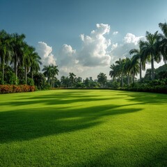 Lush green lawn, palm trees, city skyline