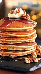 Stack of Golden Brown Pancakes with Maple Syrup and Nuts