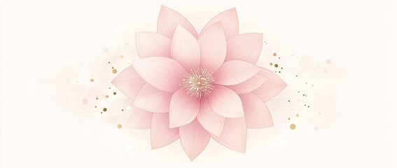 Pink flower background with pink flowers and gold dots, light white, flat illustration style