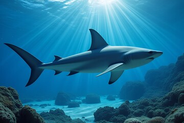 Naklejka premium Majestic Shark Swimming in Ocean Sunlight