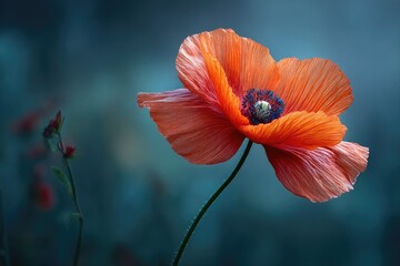 Obraz premium Vibrant orange poppy in muted teal background