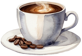 cup of coffee and beans, watercolor illustration of a hot coffee cup