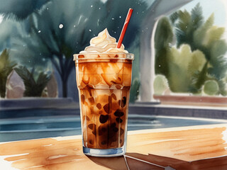 A watercolor illustration of an iced coffee in a transparent glass, filled with ice cubes and topped with a straw