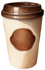 watercolor depiction of a classic takeaway coffee cup with a brown lid, decorated with a empty logo