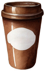watercolor depiction of a classic brown takeaway coffee cup