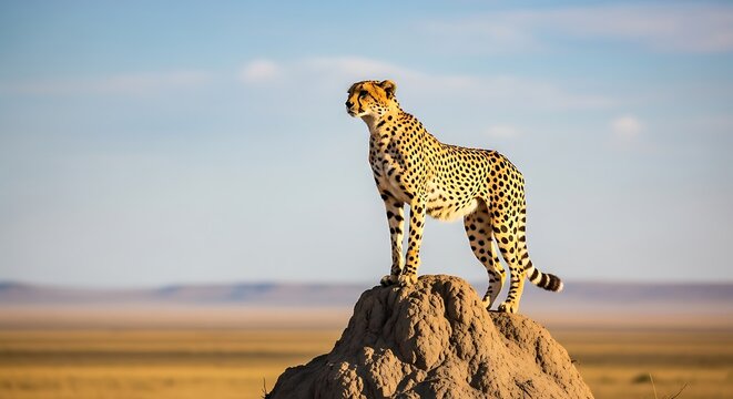 A cheetah standing on a termite mound in the African savanna, gazing into the distance.