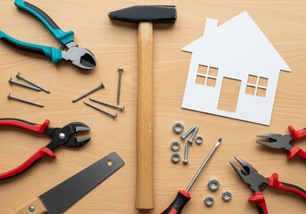 Collection of various hand tools and fasteners arranged around a small white paper house on a wooden surface
